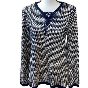 Navy & White Tie Neck Loose Relaxed Slouchy LS Sweater L Preppy Casual